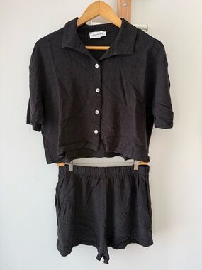 Linen blend Black Button-Up Crop Top & Shorts Set